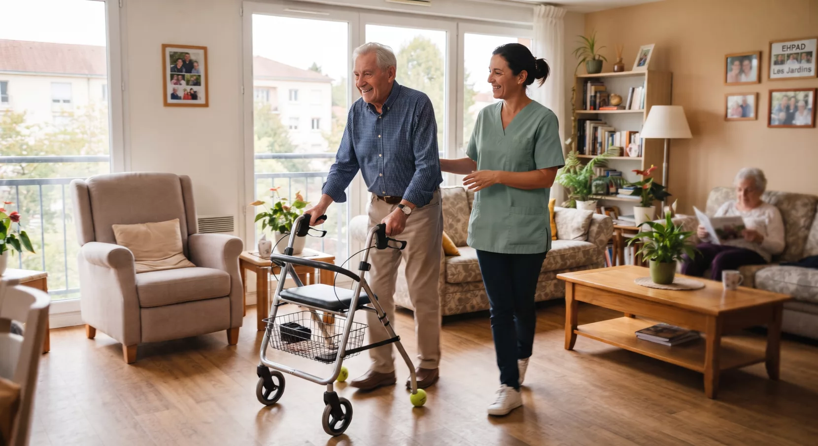 Une auxiliaire de vie accompagne un homme âgé qui marche avec un déambulateur dans le salon lumineux d’un appartement partagé Cosima.